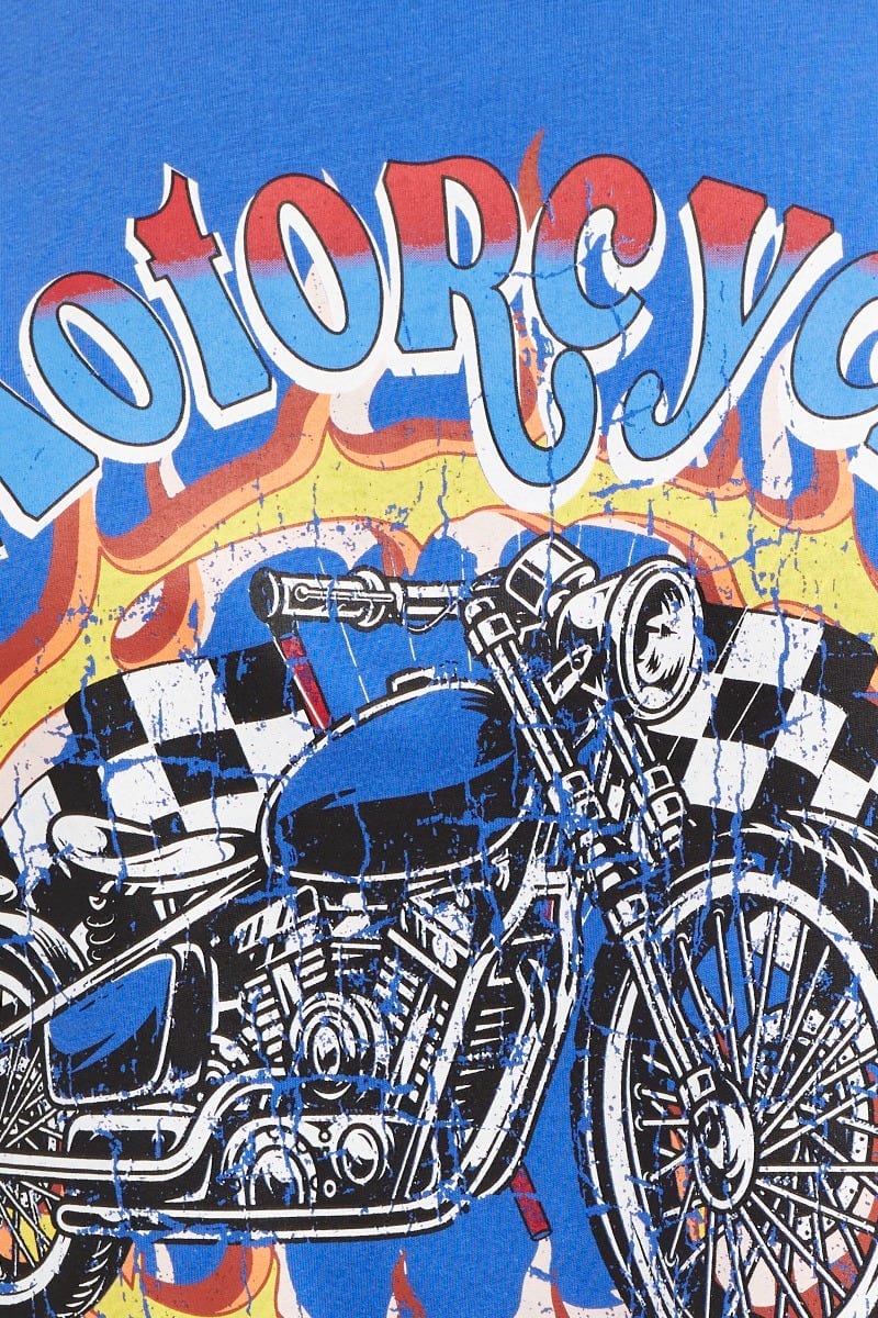 Blue Graphic T-shirt Motorcycle Short Sleeve Cotton - Image 6