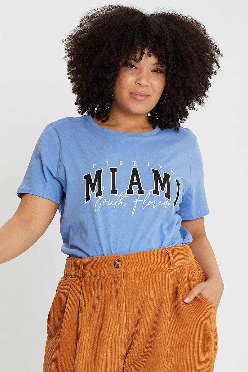 Blue Graphic T-shirt Short Sleeve Cotton - Image 3