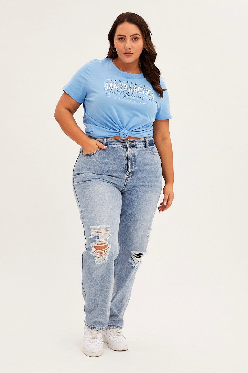 Blue Graphic T-shirt Short Sleeve Crew Neck - Image 2