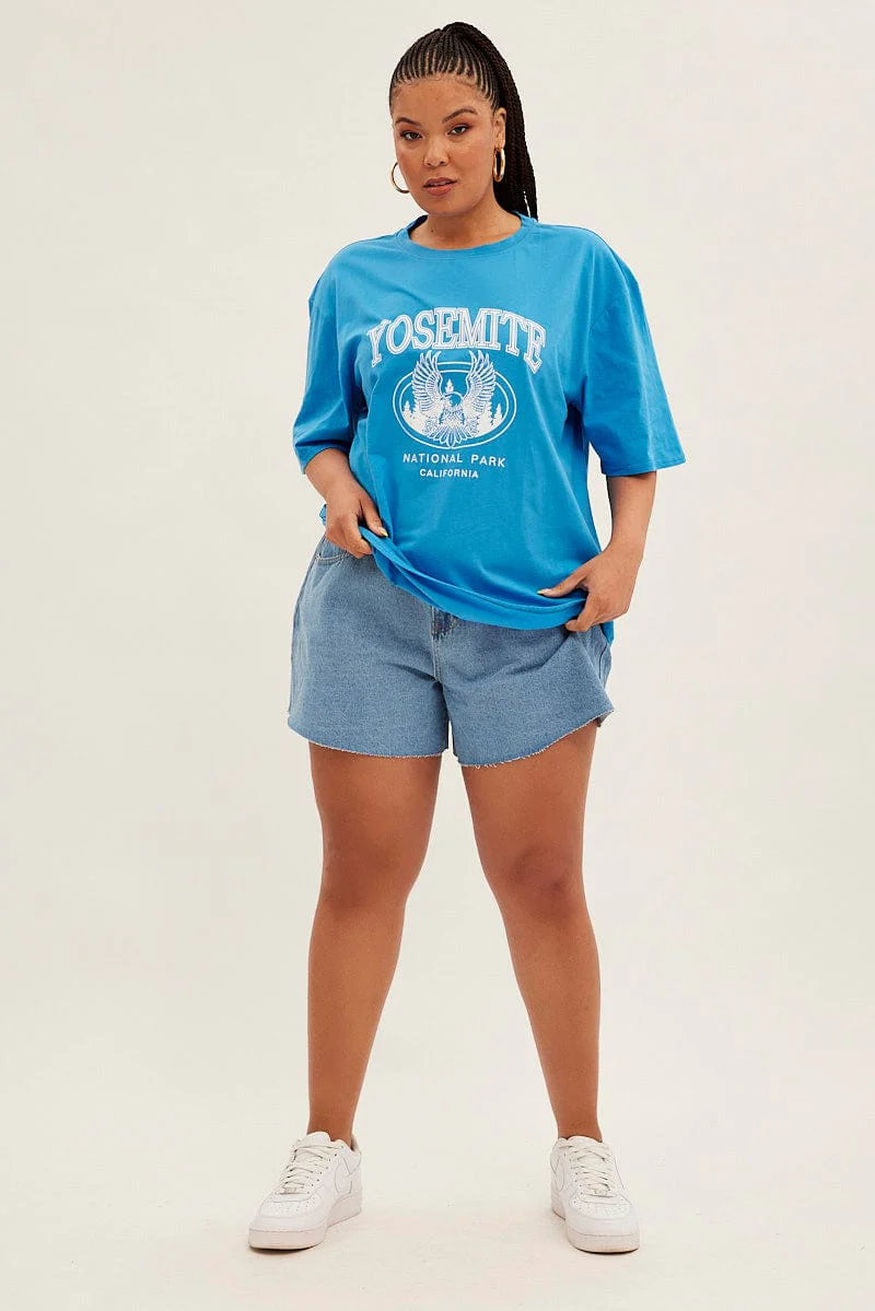Blue Graphic T-shirt Short Sleeve Crew Neck - Image 2