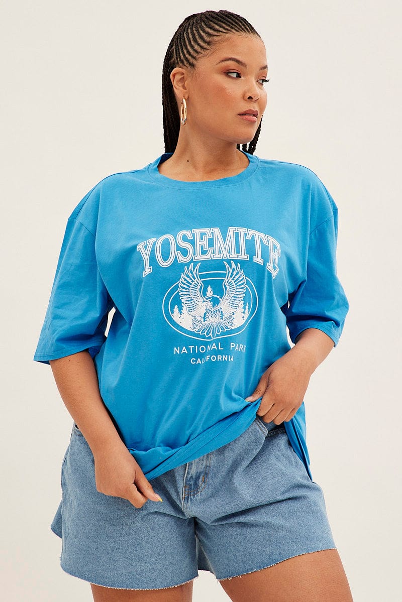 Blue Graphic T-shirt Short Sleeve Crew Neck - Image 3