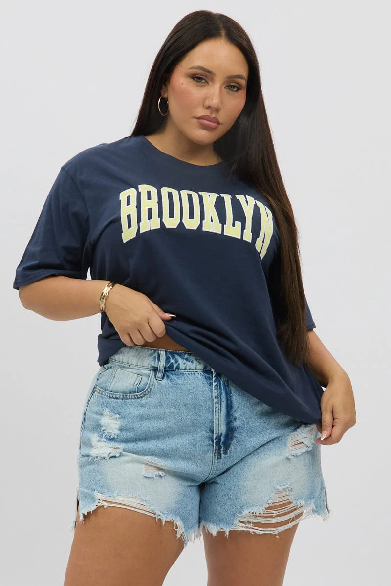 Blue Graphic T Shirt Short Sleeve Crew Neck - Image 2