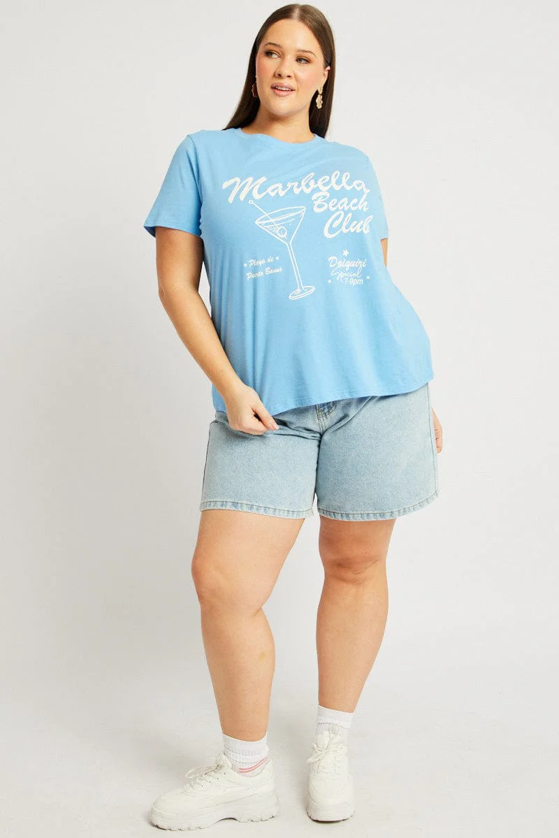 Blue Graphic T Shirt Short Sleeve Crew Neck - Image 2