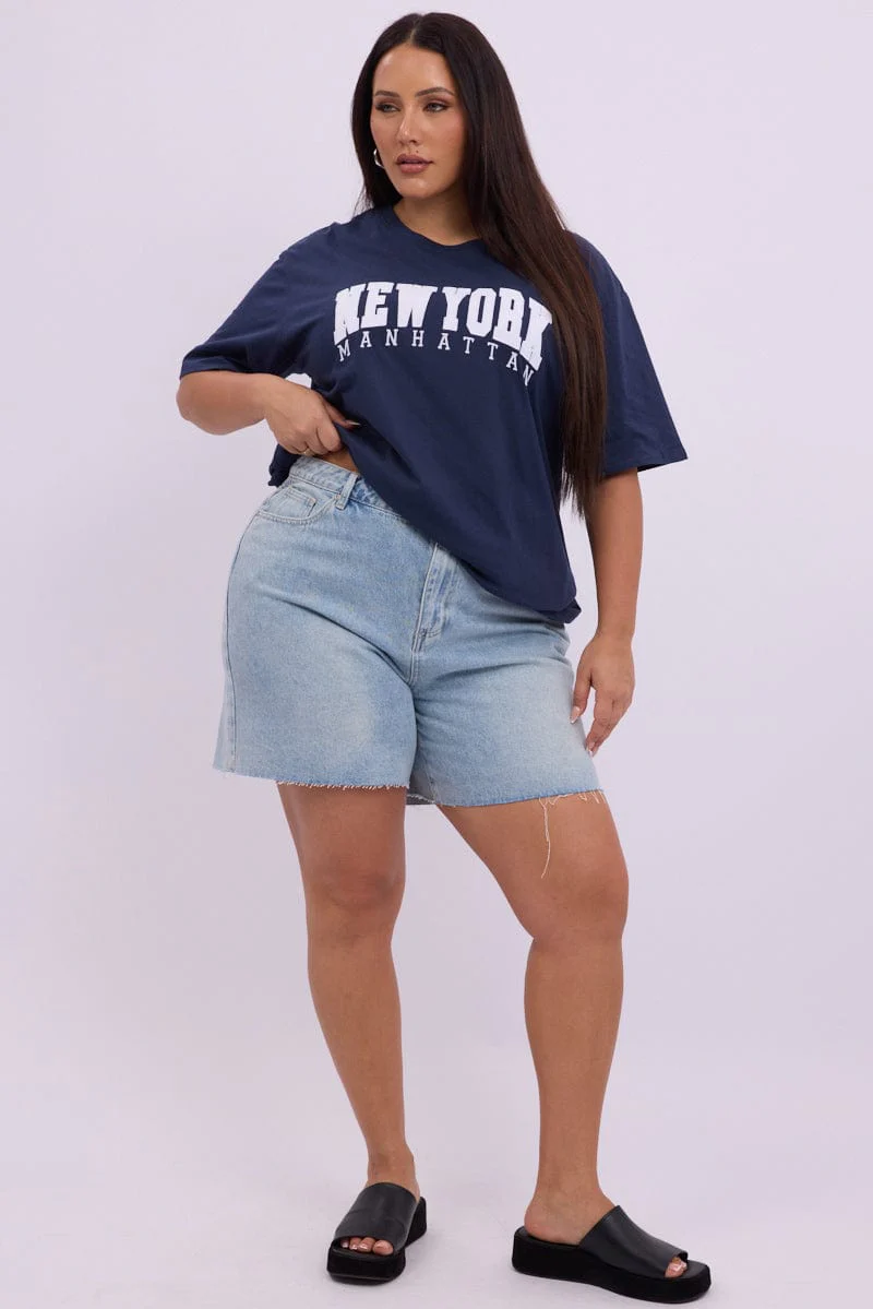Blue Graphic T Shirt Short Sleeve Crew Neck - Image 2
