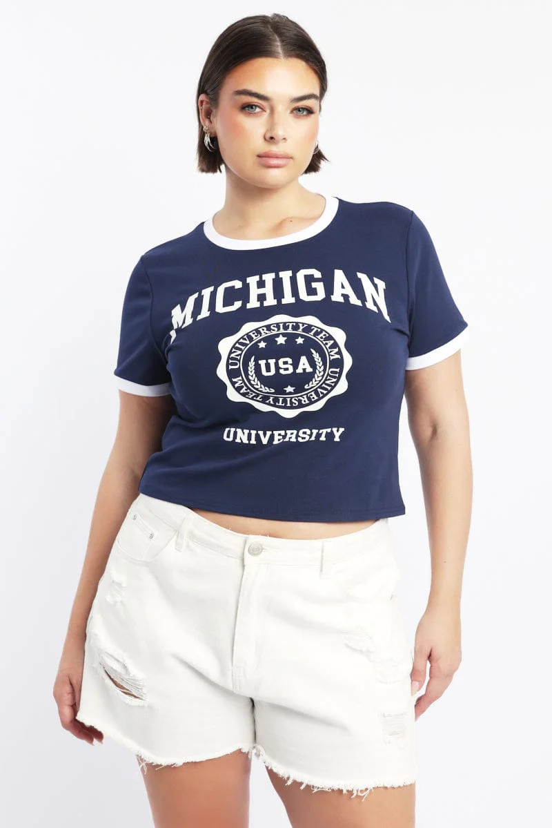 Blue Graphic T Shirt Short Sleeve Crew Neck