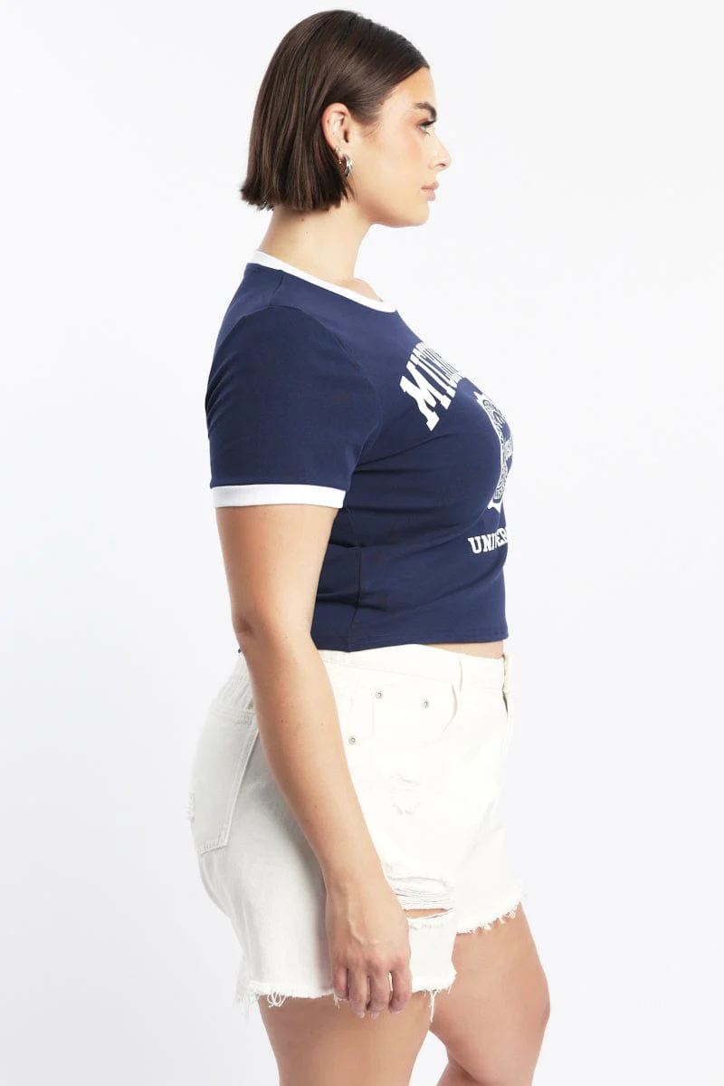 Blue Graphic T Shirt Short Sleeve Crew Neck - Image 3