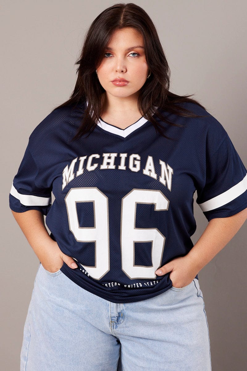 Blue Graphic T-shirt Short Sleeve V-Neck Oversized - Image 3