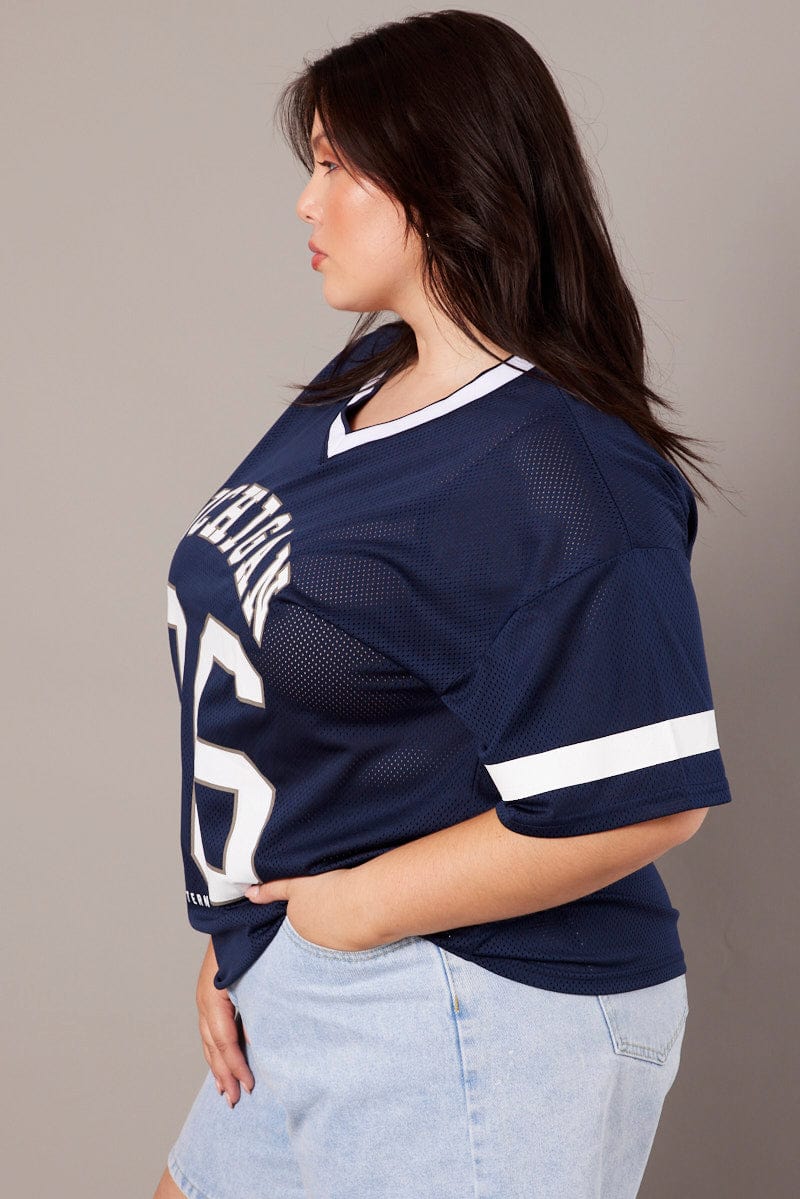 Blue Graphic T-shirt Short Sleeve V-Neck Oversized - Image 4