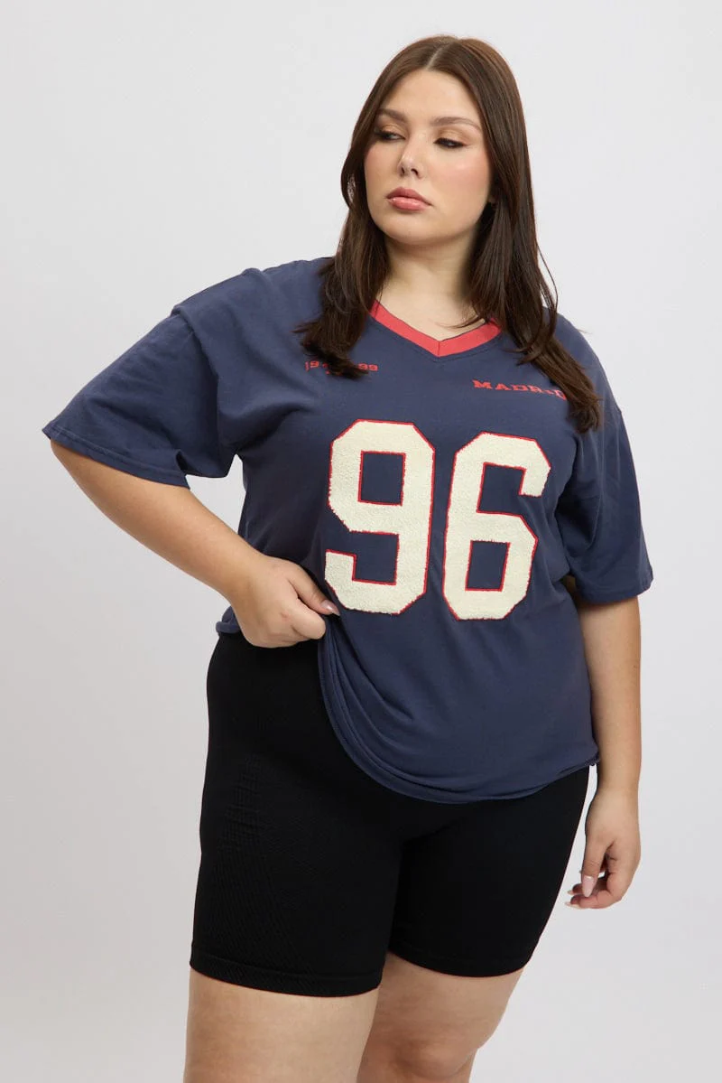 Blue Graphic T-shirt Short Sleeve V-Neck Oversized