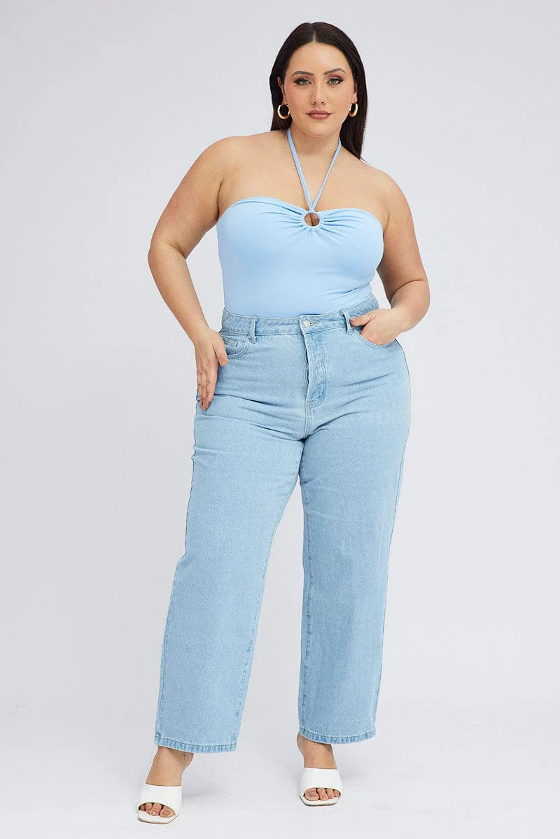 Blue Halter Bodysuit Ring Detail Jersey - Image 3