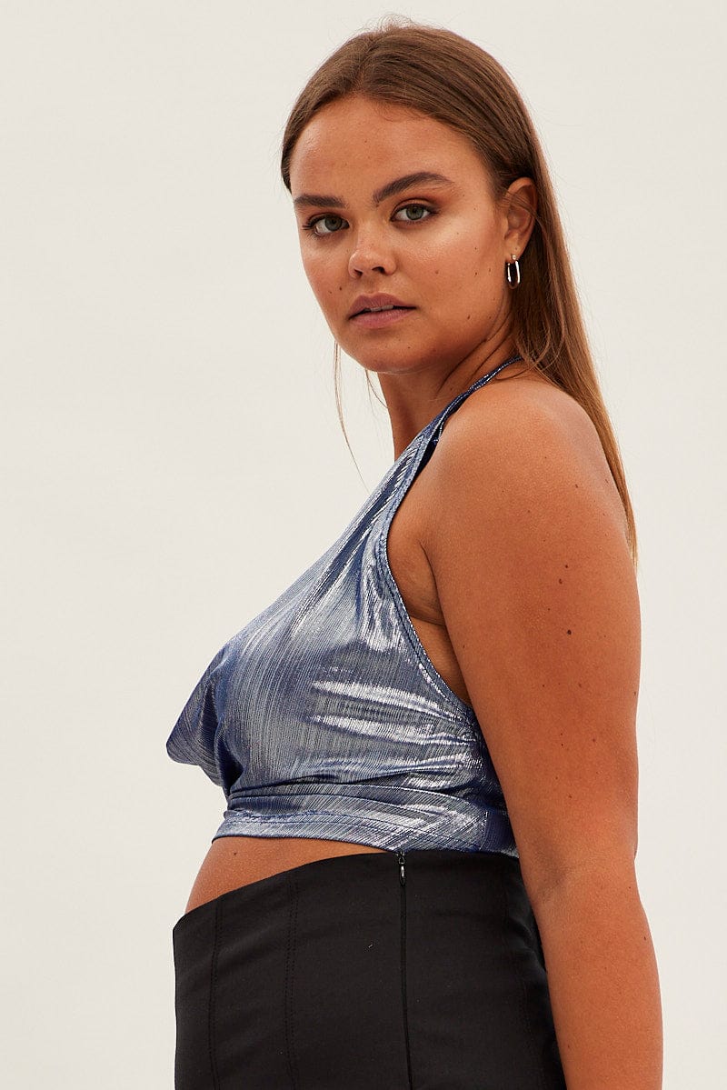 Blue Halter Top Tie Back Cowl Neck Foil Jersey - Image 4