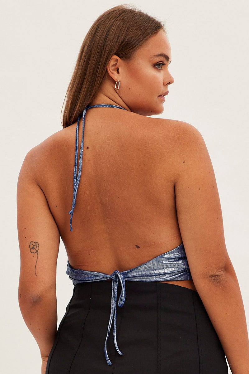 Blue Halter Top Tie Back Cowl Neck Foil Jersey - Image 5