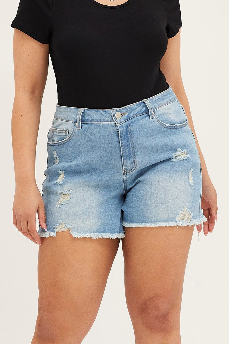 Blue High Rise Distressed Skinny Blue Shorts - Image 2