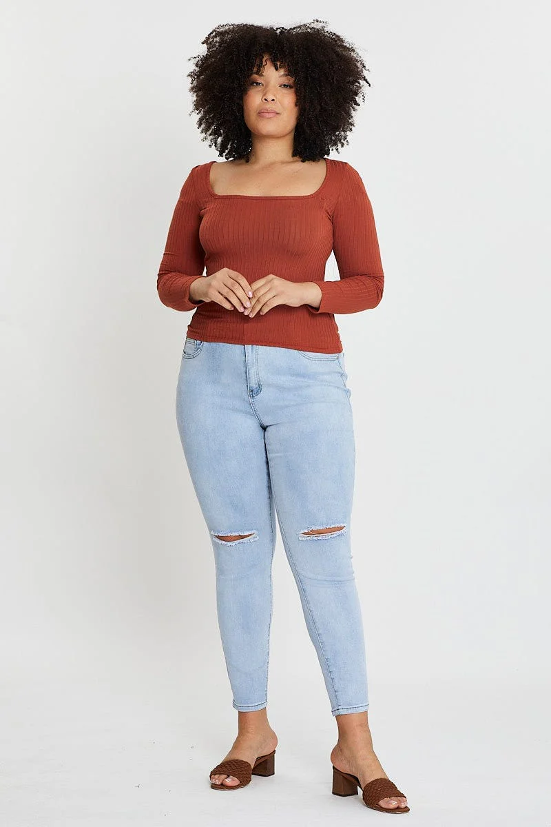 Blue High Rise Knee Distress Denim Skinny Jeans - Image 3