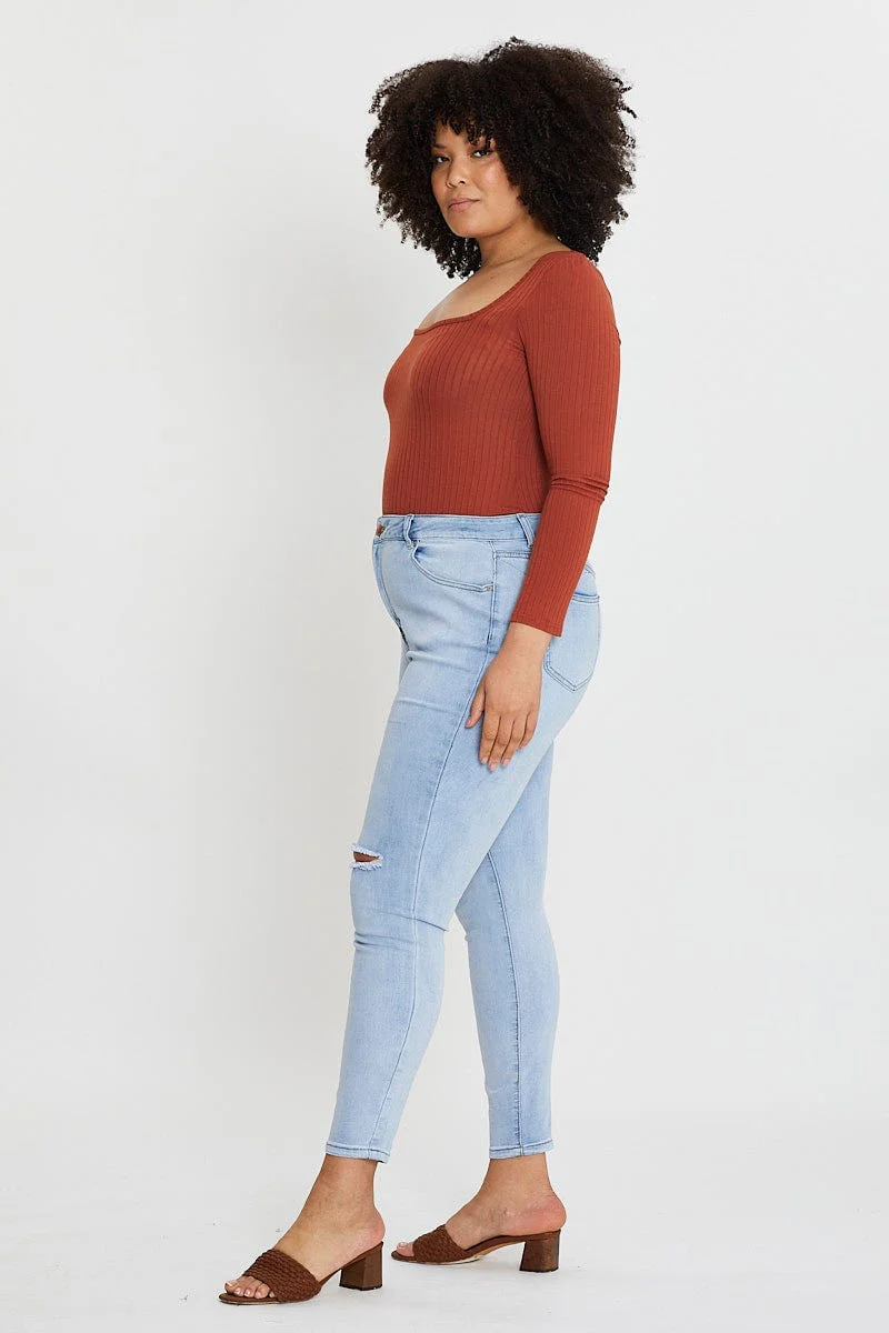 Blue High Rise Knee Distress Denim Skinny Jeans - Image 4