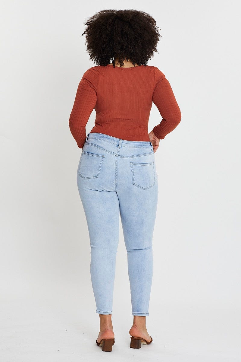 Blue High Rise Knee Distress Denim Skinny Jeans - Image 5