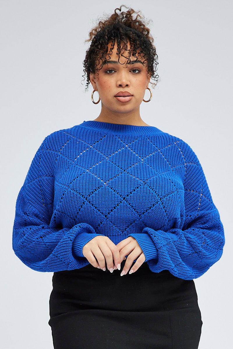 Blue Knit Crop Jumper Long Sleeve