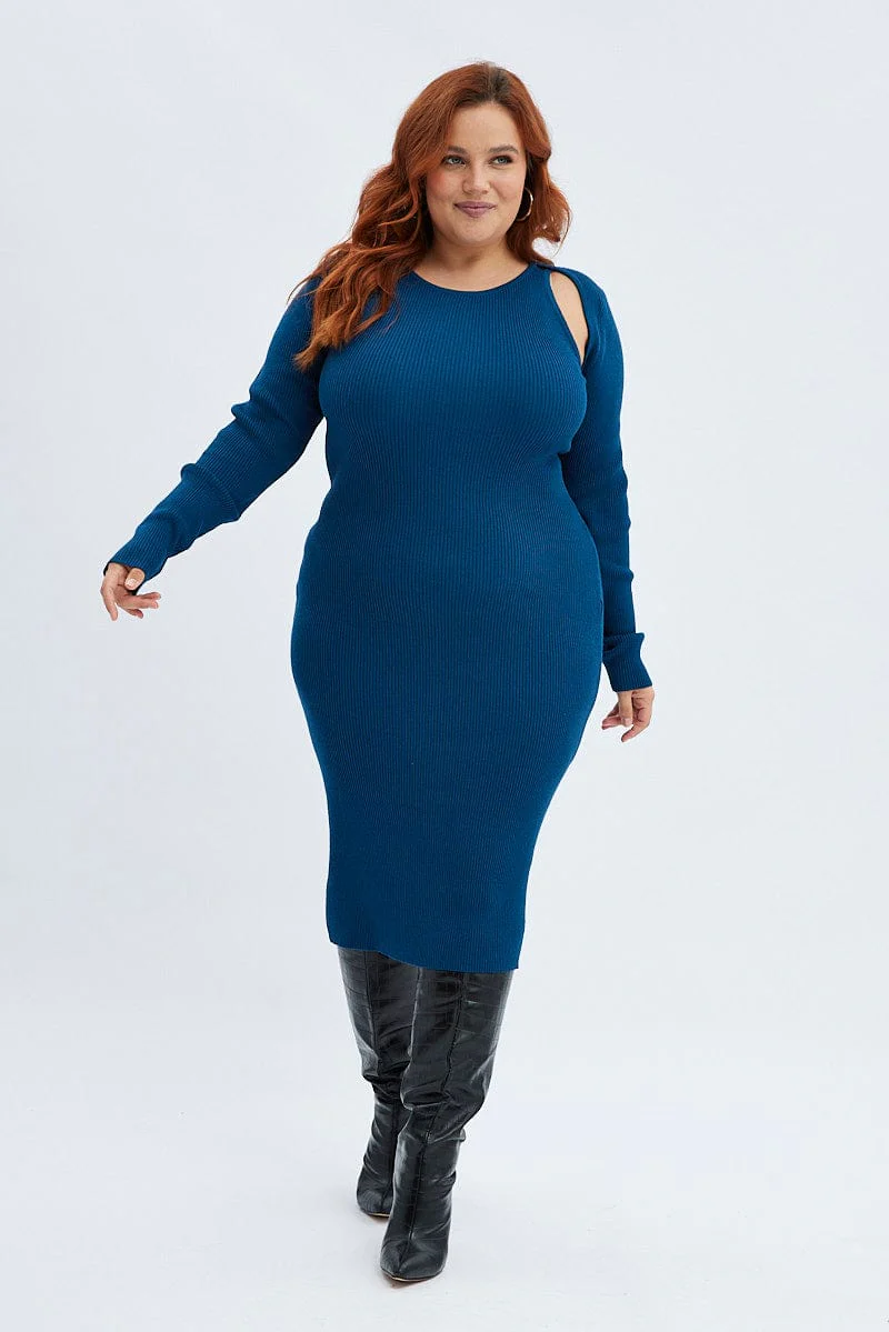 Blue Knit Dress Cutout Shoulder Midi Rib - Image 3