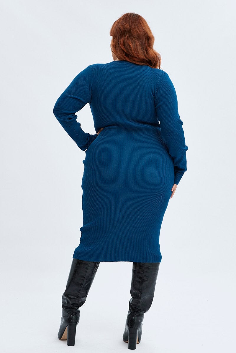 Blue Knit Dress Cutout Shoulder Midi Rib - Image 5