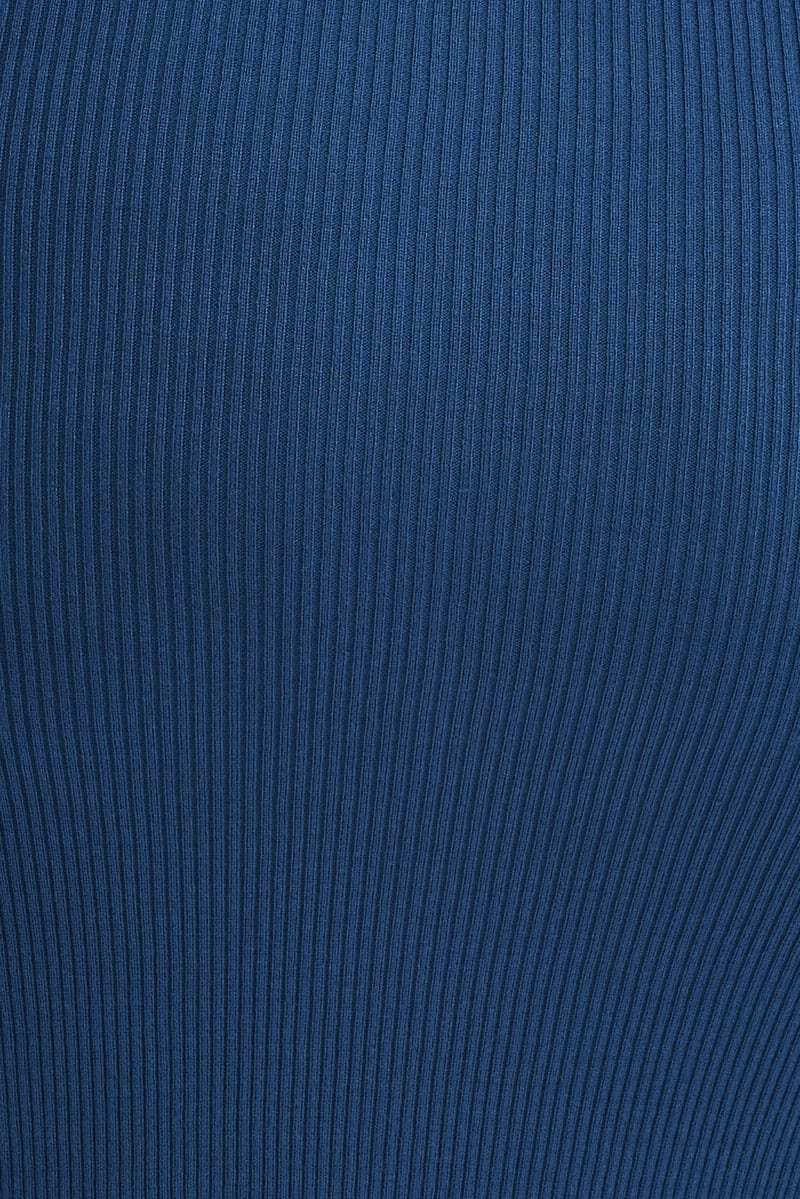 Blue Knit Dress Cutout Shoulder Midi Rib - Image 6