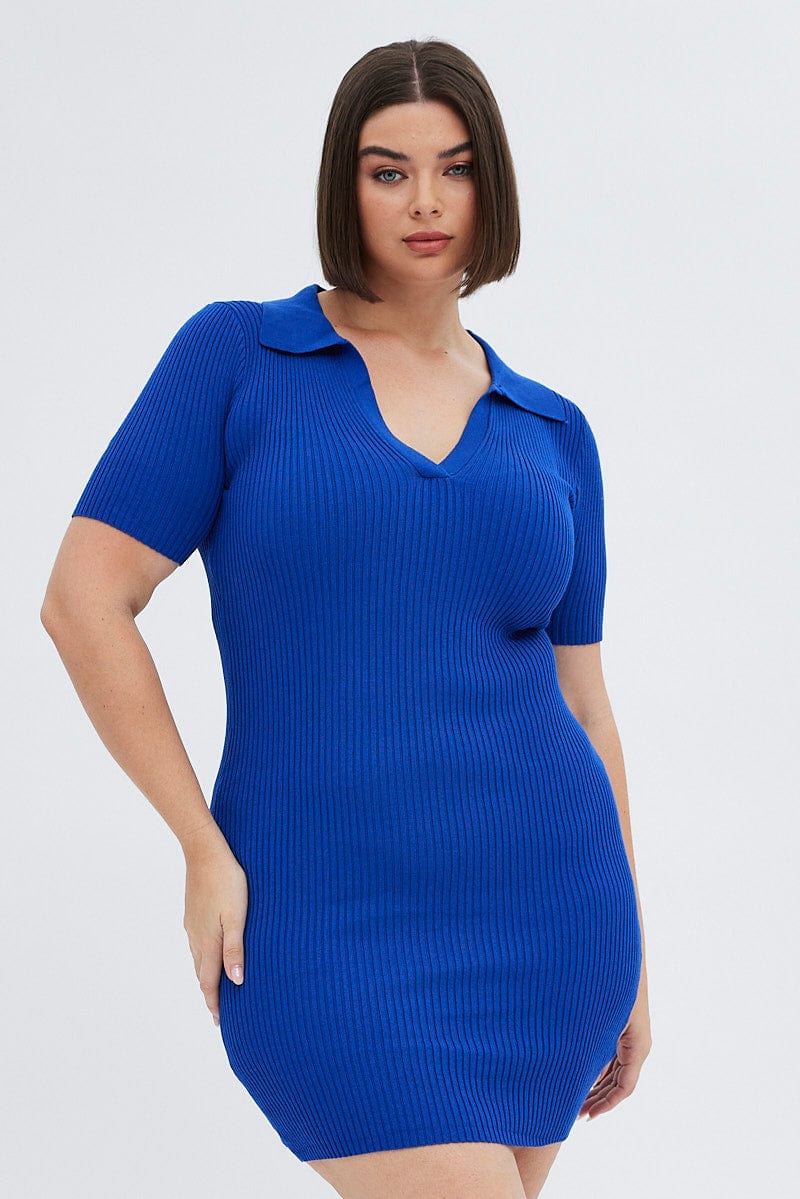 Blue Knit Dress Short Sleeve Collared - Image 3
