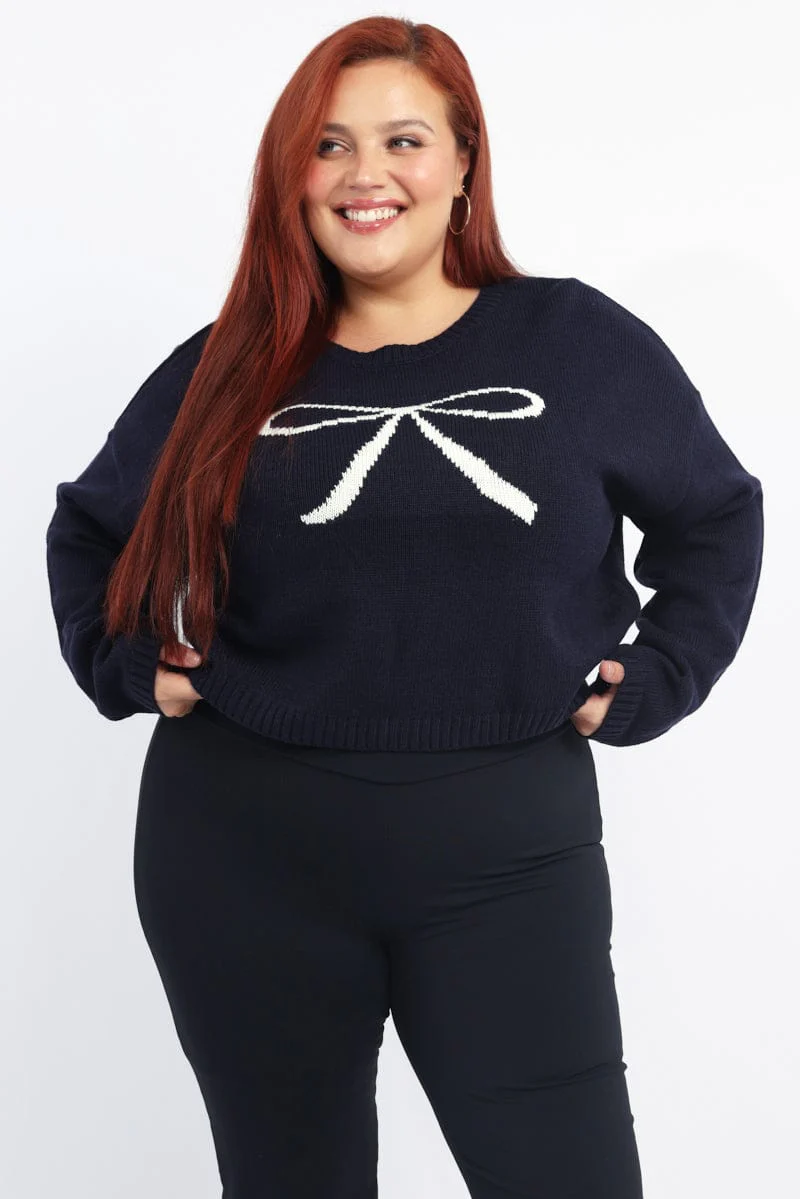 Blue Knit Jumper Long Sleeve Ribbon