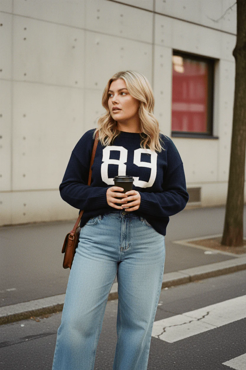 Blue Knit Jumper Long Sleeve Round Neck Number