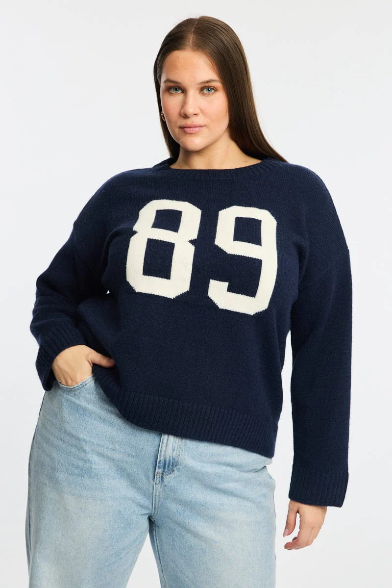 Blue Knit Jumper Long Sleeve Round Neck Number - Image 2