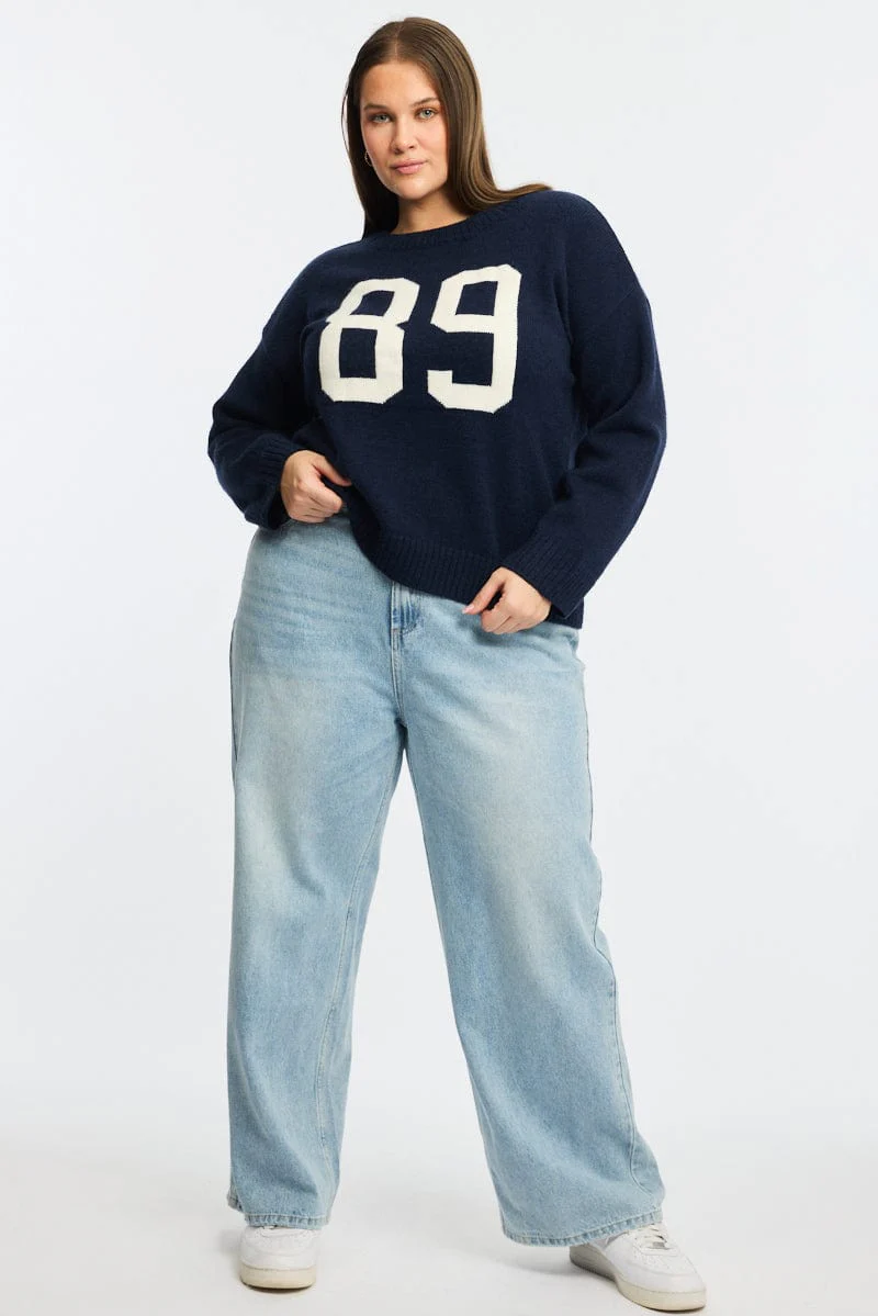 Blue Knit Jumper Long Sleeve Round Neck Number - Image 3