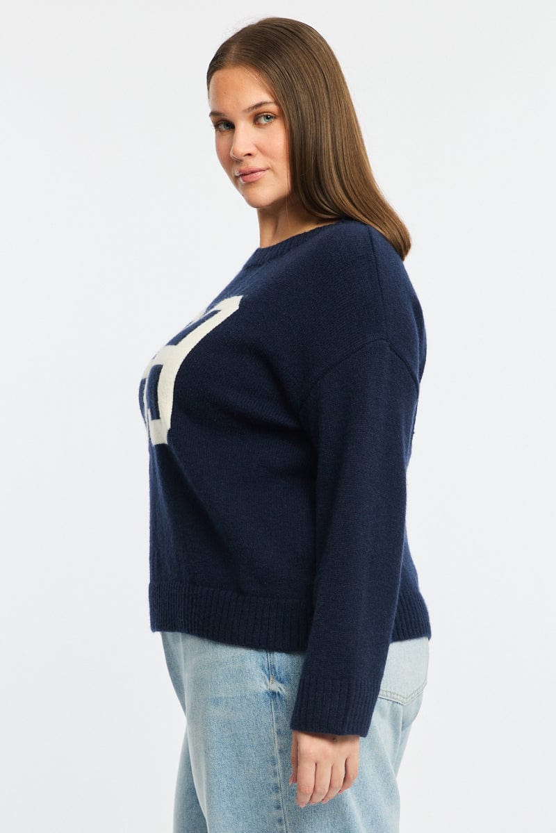 Blue Knit Jumper Long Sleeve Round Neck Number - Image 4