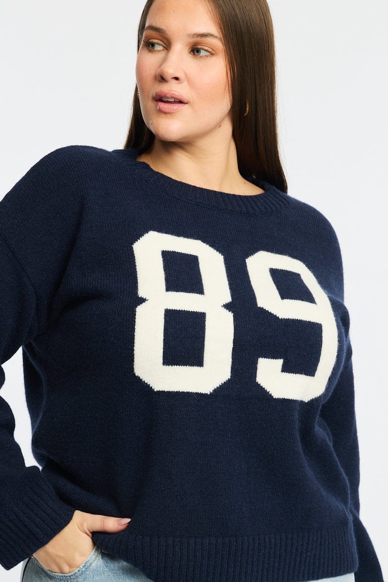 Blue Knit Jumper Long Sleeve Round Neck Number - Image 6