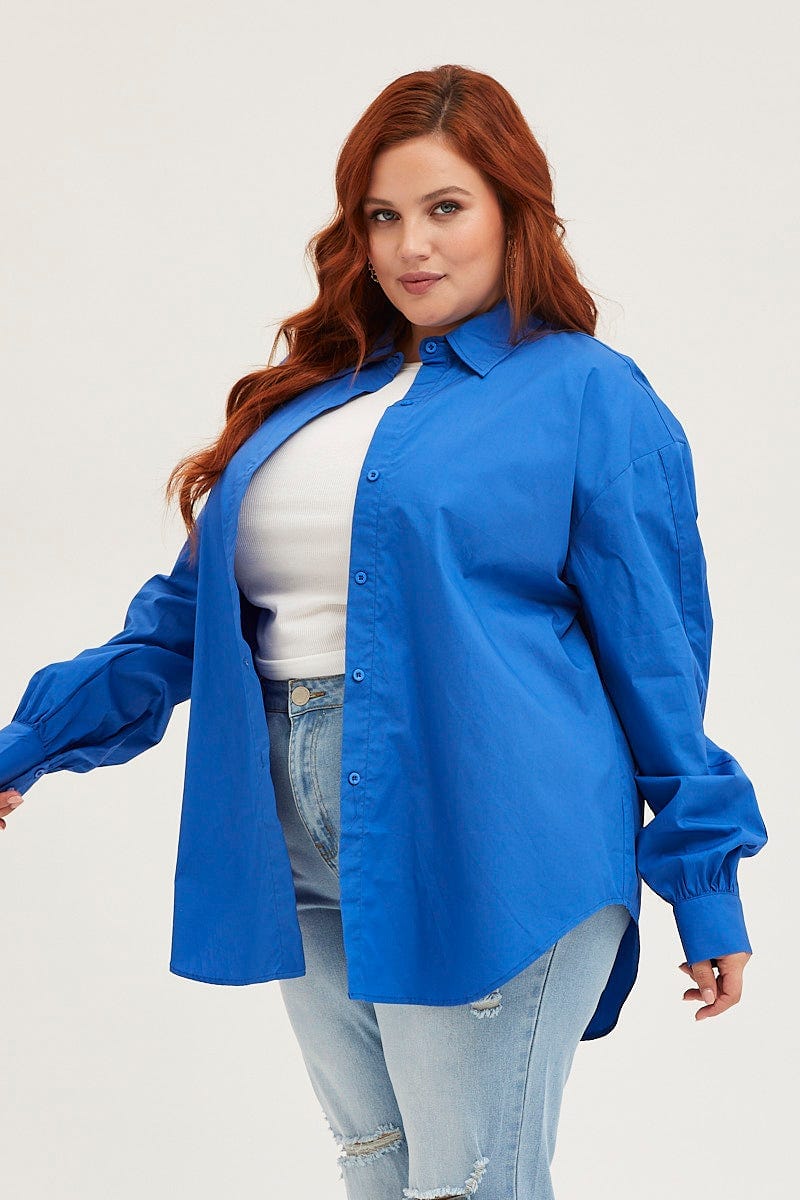 Blue Long Sleeve Oversized Cotton Shirt - Image 4
