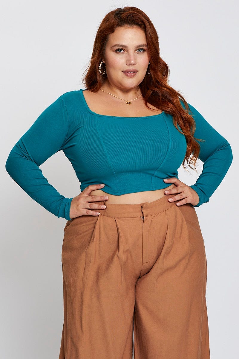 Blue Long Sleeve Rib Panel Top - Image 3
