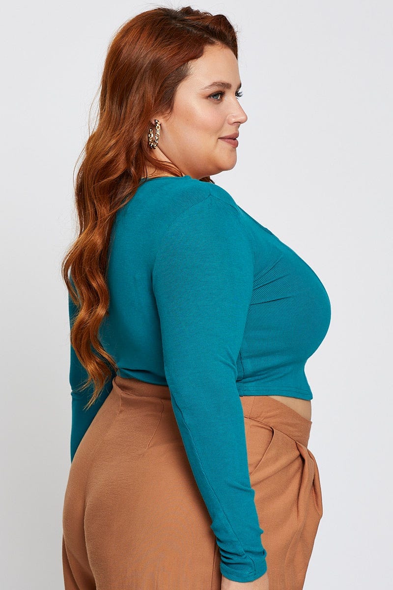 Blue Long Sleeve Rib Panel Top - Image 4