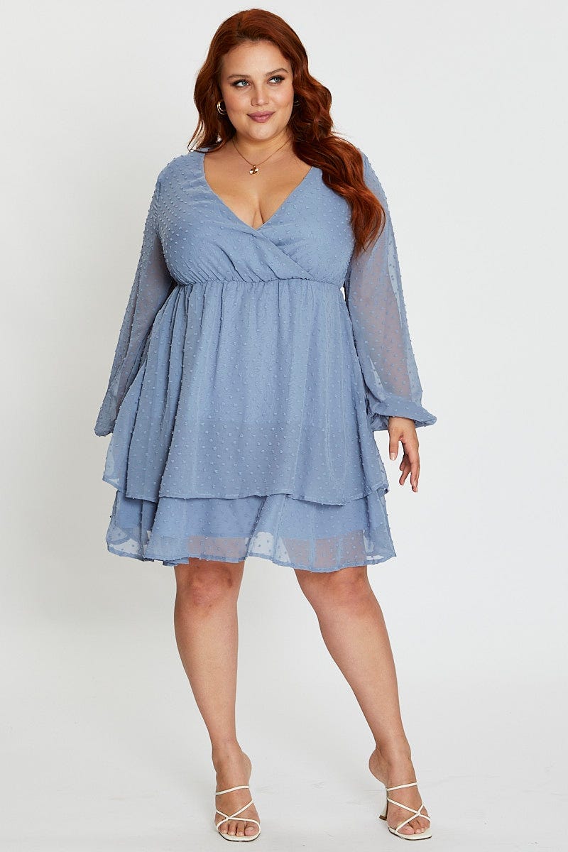 Blue Long Sleeve Textured Mini Dress - Image 2