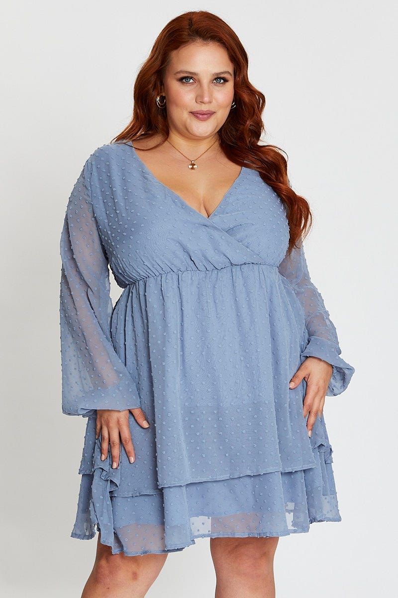 Blue Long Sleeve Textured Mini Dress - Image 3