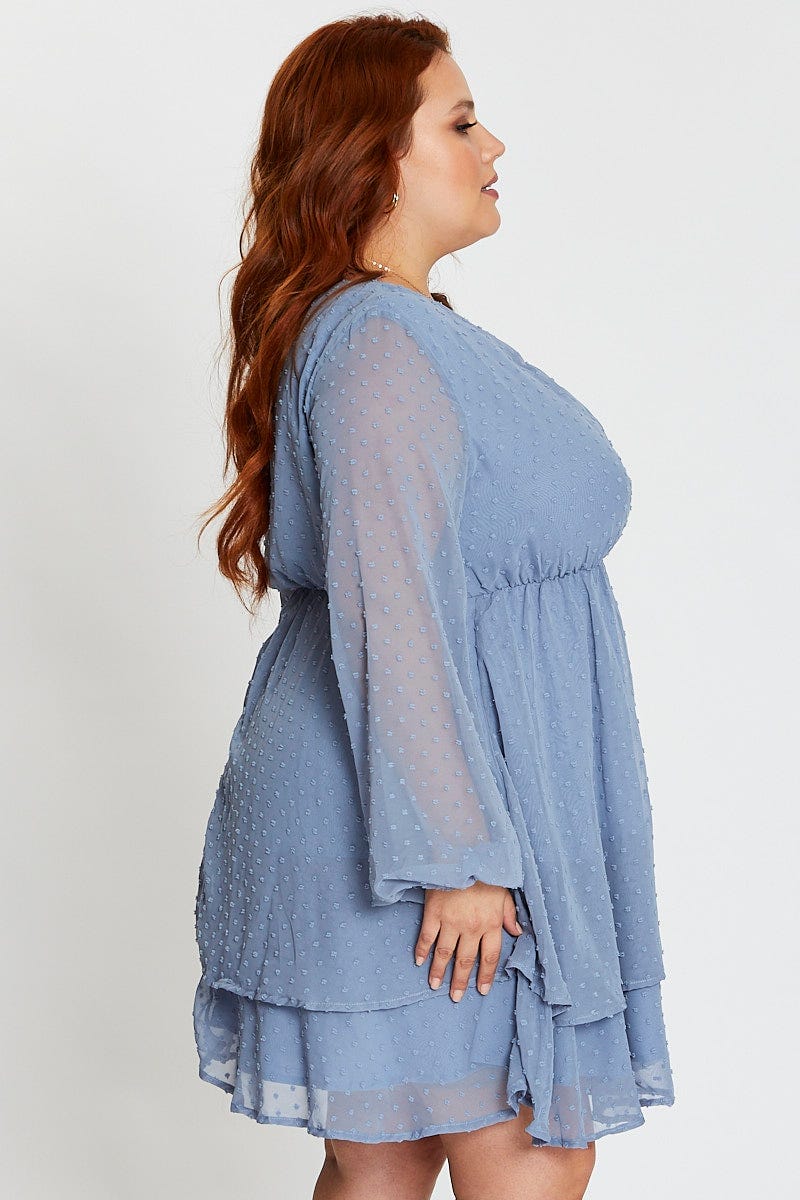 Blue Long Sleeve Textured Mini Dress - Image 4