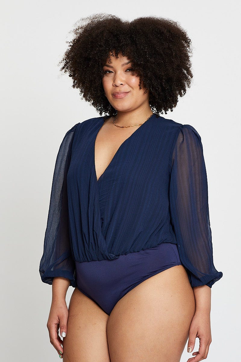 Blue Marl Long Sleeve V-neck Bodysuit - Image 2