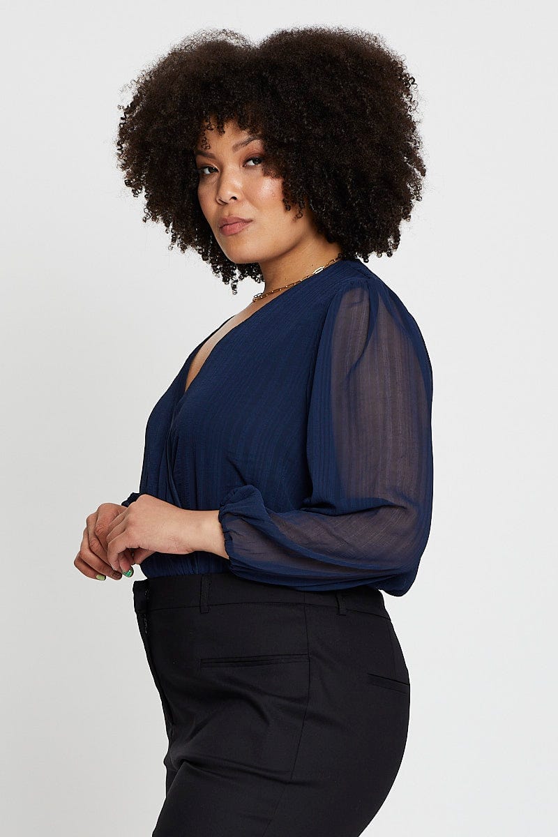 Blue Marl Long Sleeve V-neck Bodysuit - Image 4