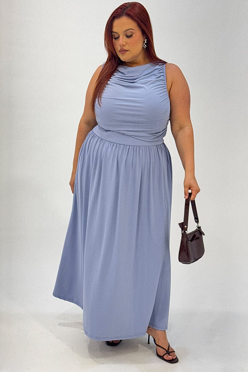 Blue Maxi Dress Sleeveless Ruched