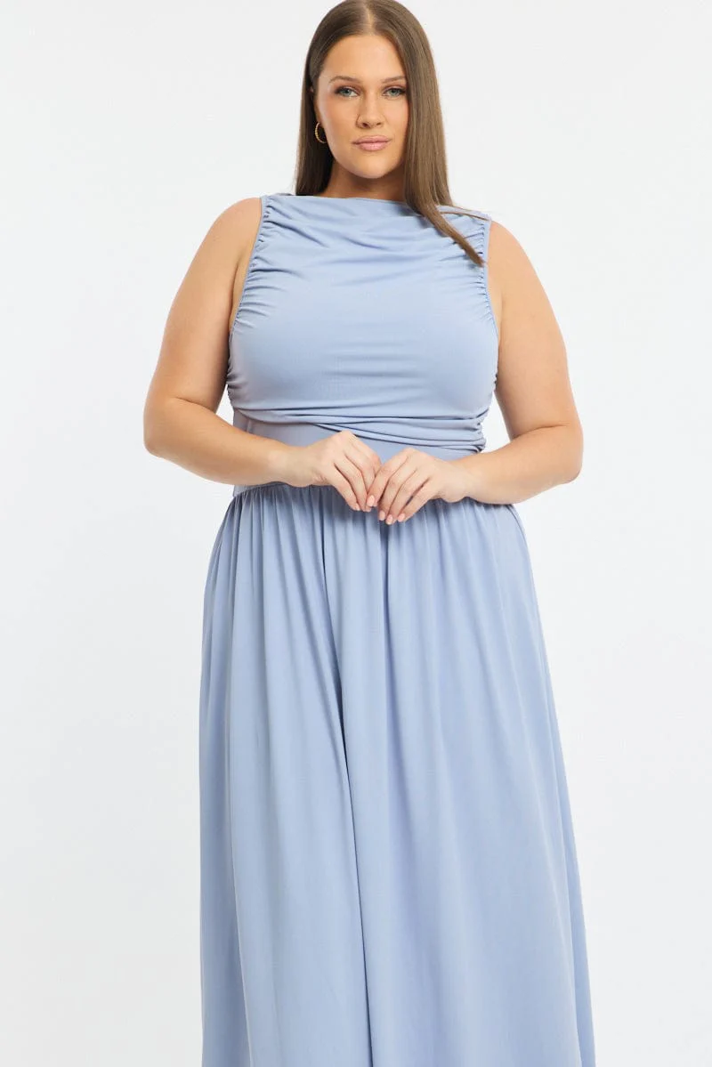 Blue Maxi Dress Sleeveless Ruched - Image 3