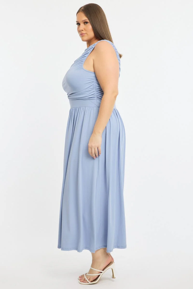 Blue Maxi Dress Sleeveless Ruched - Image 4