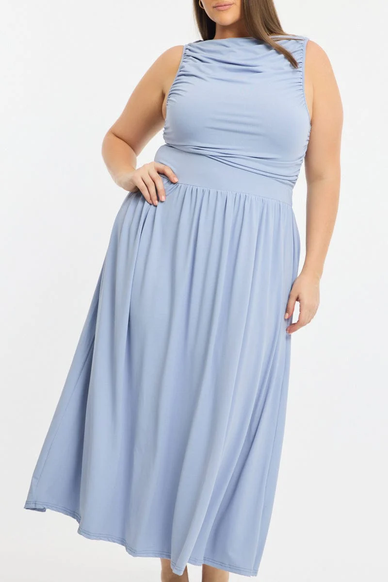 Blue Maxi Dress Sleeveless Ruched - Image 6