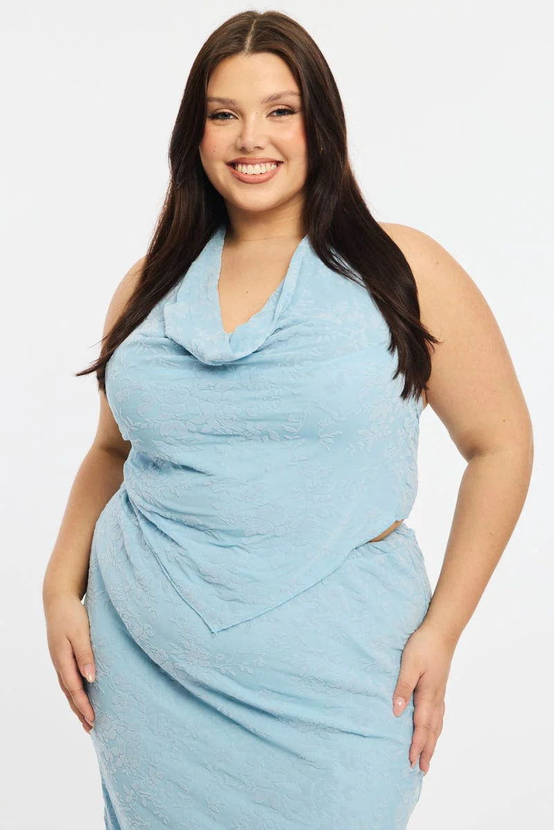 Blue Mesh Halter Top Sleeveless Scarf Hem