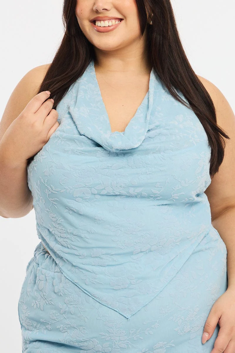 Blue Mesh Halter Top Sleeveless Scarf Hem - Image 5