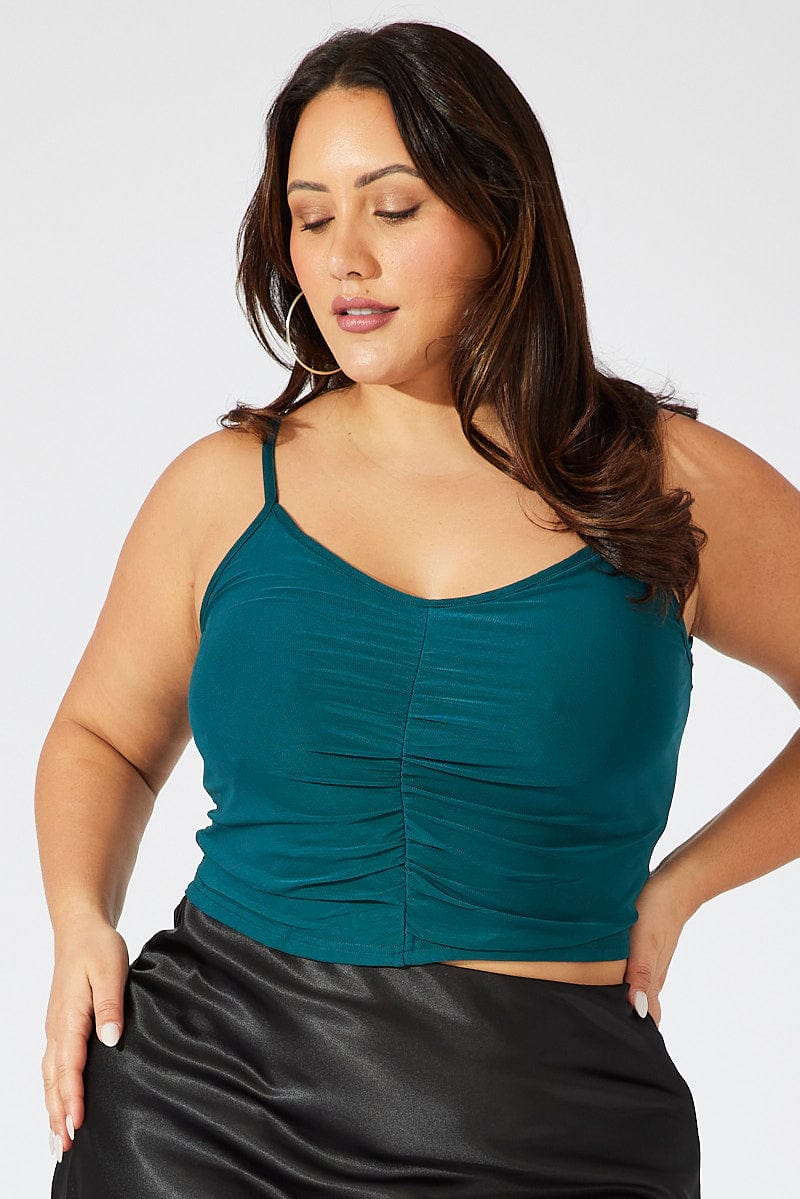 Blue Mesh Singlet Top V-neck Ruched - Image 2