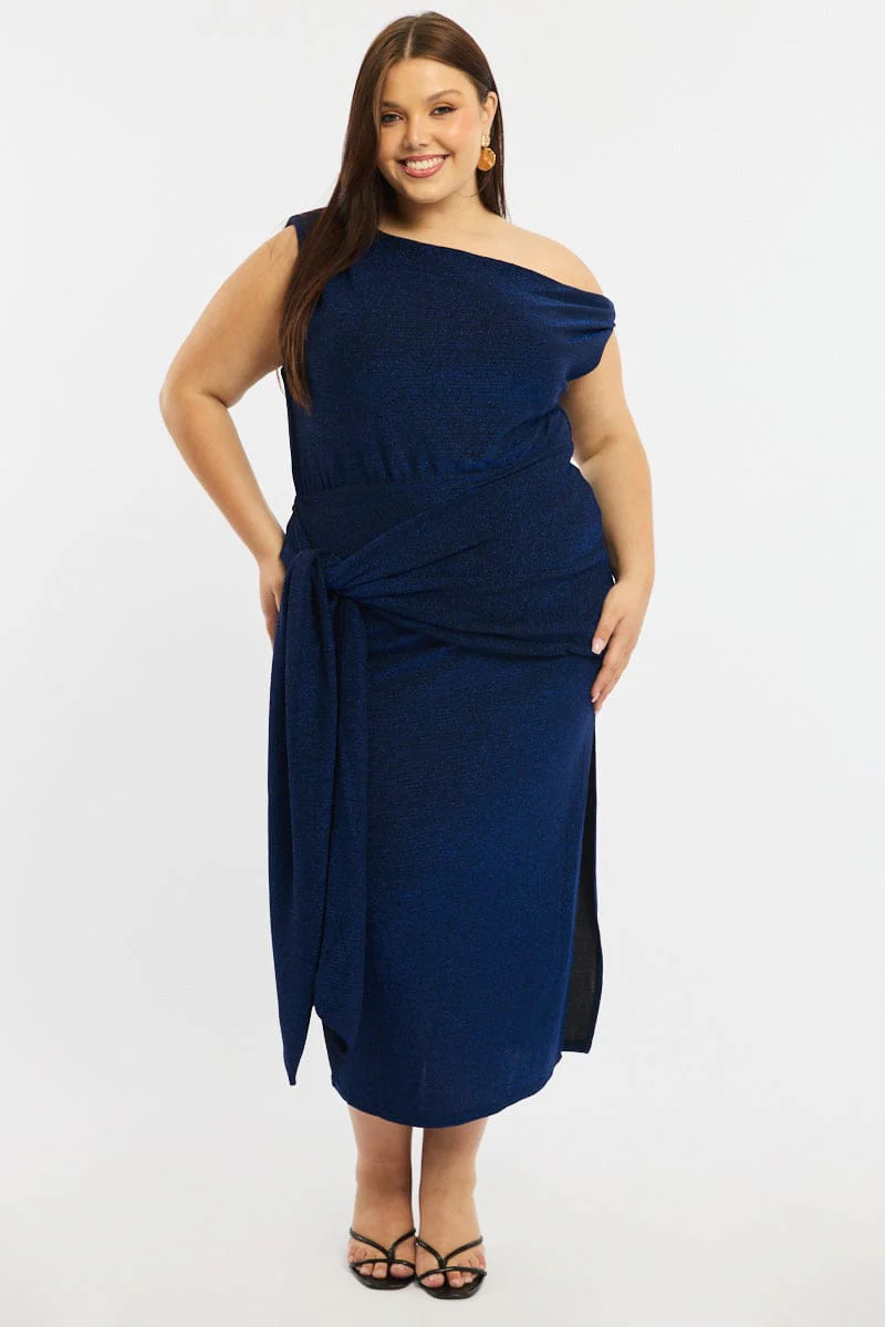 Blue Metallic Maxi Dress One Shoulder