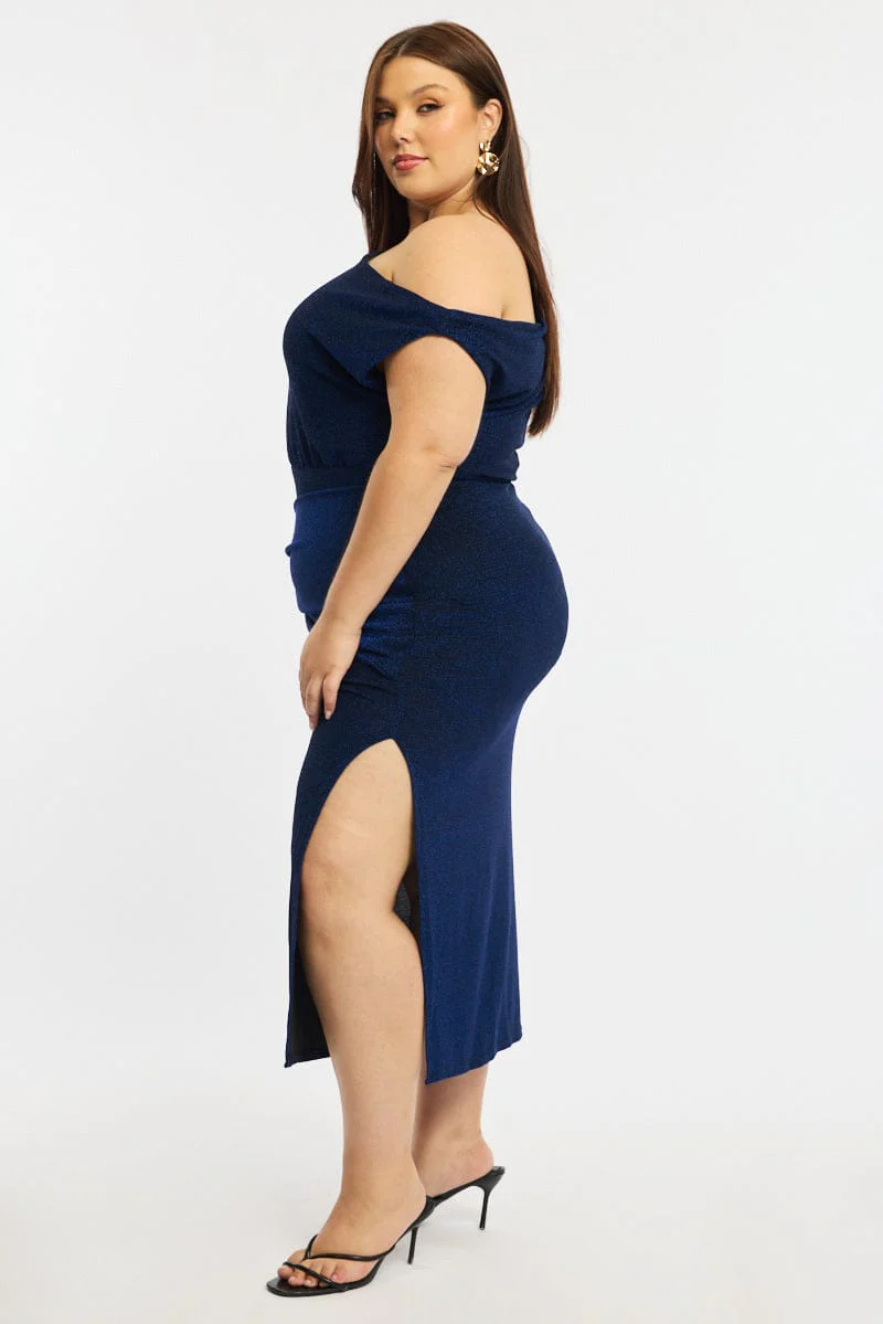 Blue Metallic Maxi Dress One Shoulder - Image 3