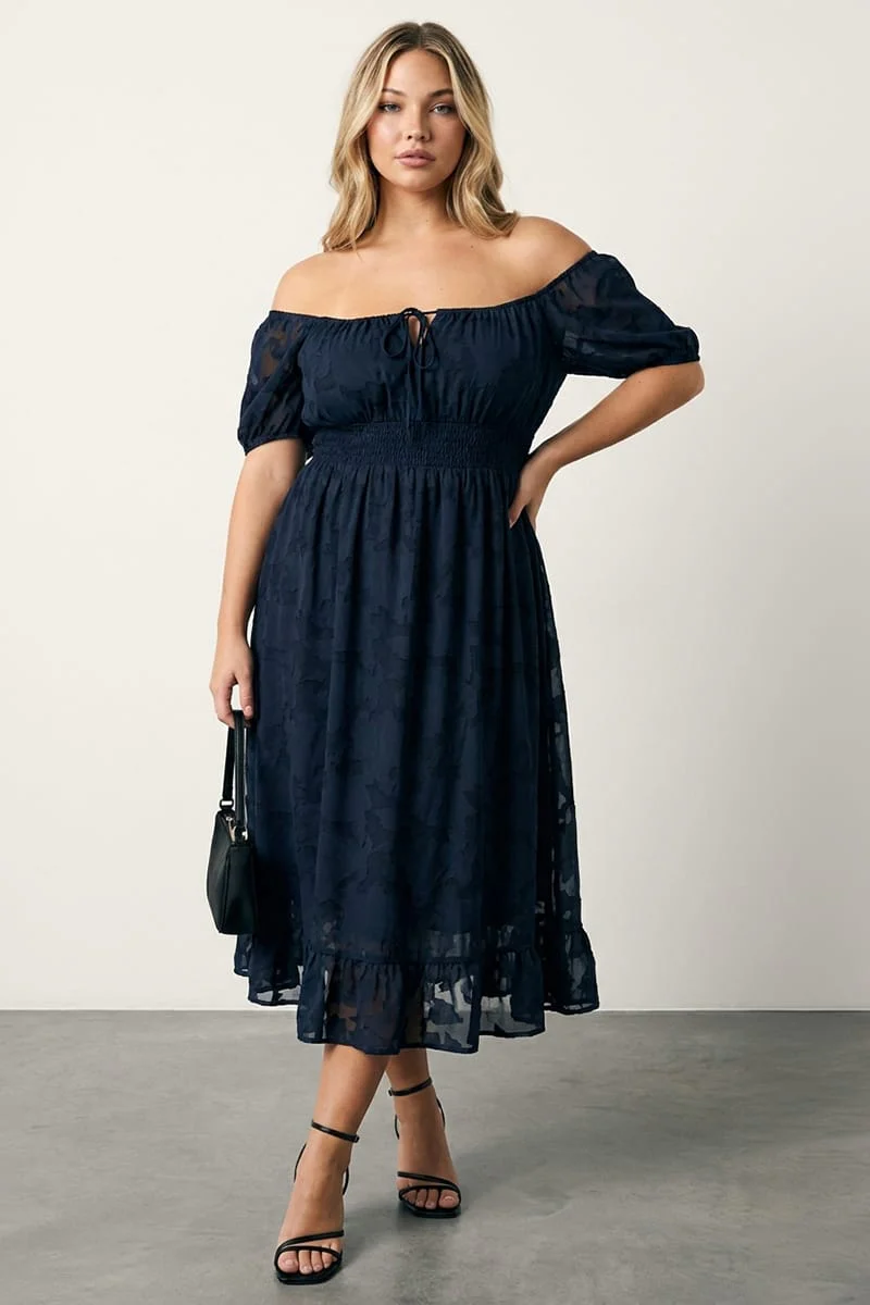 Blue Midi Dress Short Sleeve Jacquard