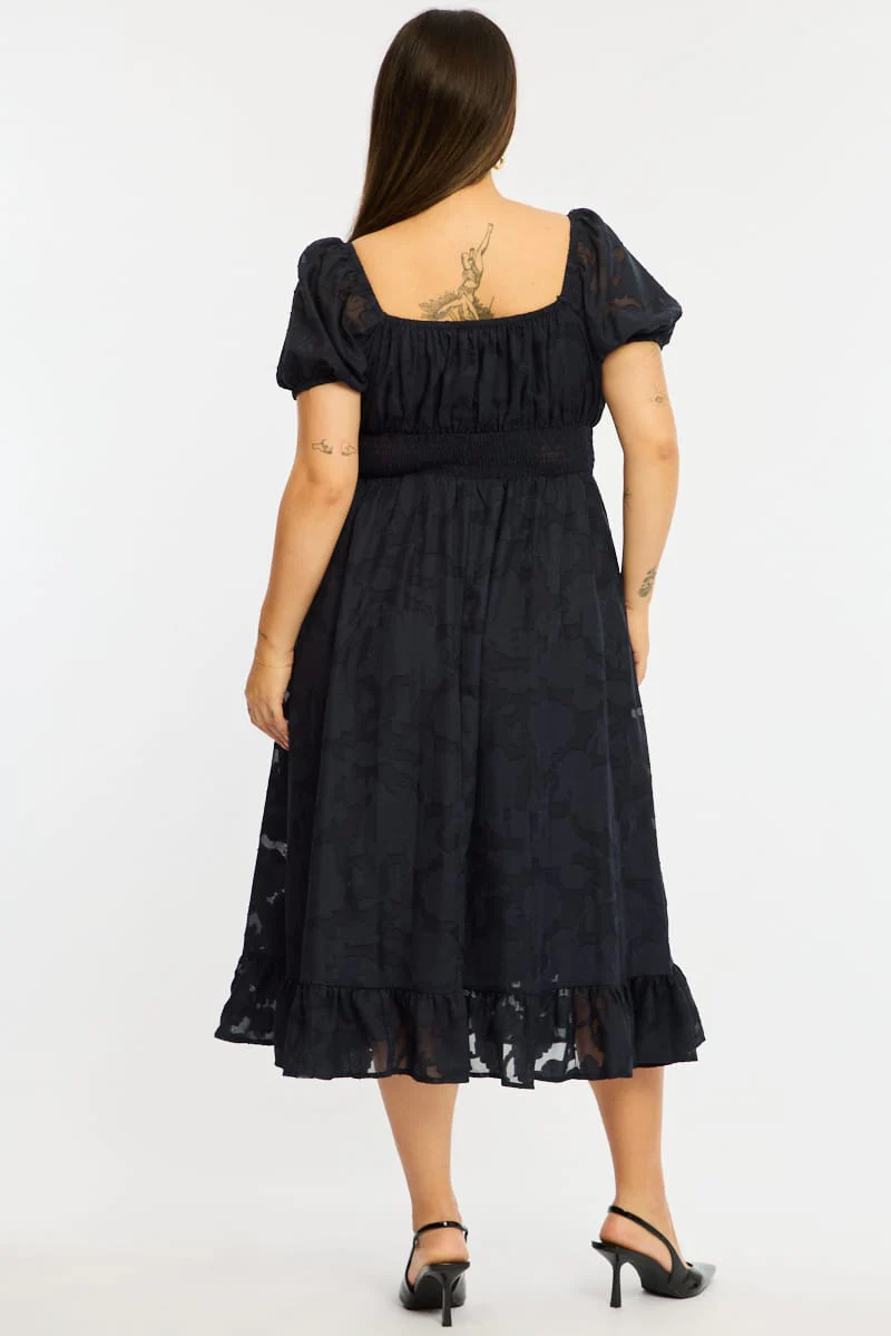 Blue Midi Dress Short Sleeve Jacquard - Image 6
